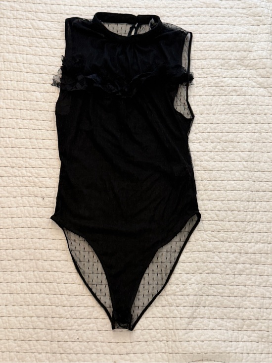 Forever 21 Tops - Forever 21 Black Sheer Dot Mesh Bodysuit with Ruffle Detail